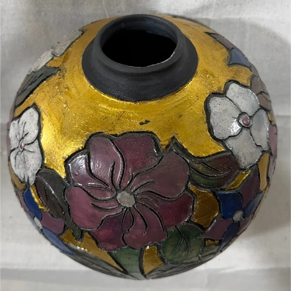 Vintage Studio Art Pottery Floral Vase Gold Leaf Textured Black Clay 12 Inch